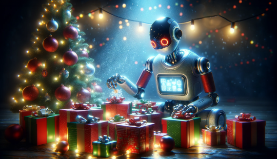Ein Roboter sitzt zwischen Weihnachtsgeschenken und Weihnachtsbaum