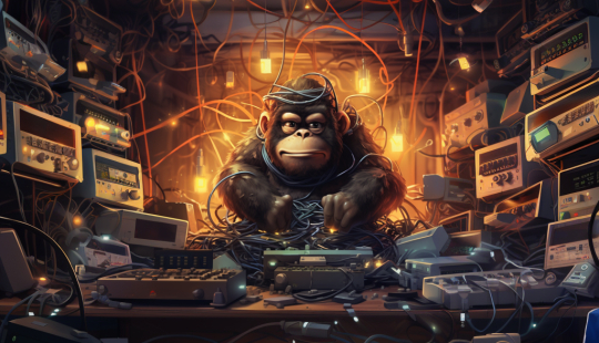 Ein Affe, umgeben von digitalen, vernetzten Geräten